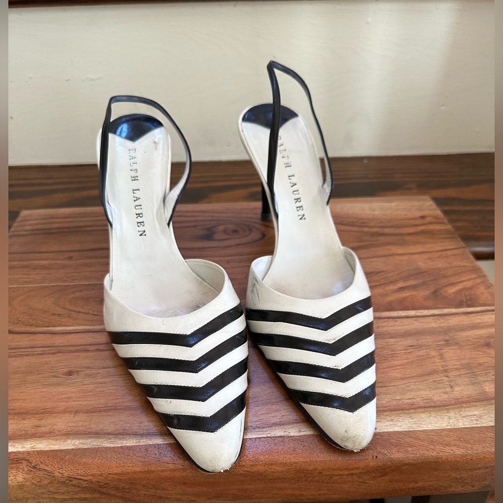 Ralph Lauren Black and White Chevron Slingback Heels